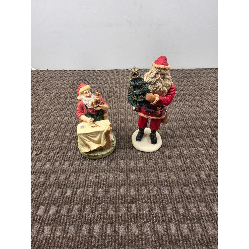 Vintage 1992 Santa Claus Figurines Set of 2 Workshop & Standing Tree Decor